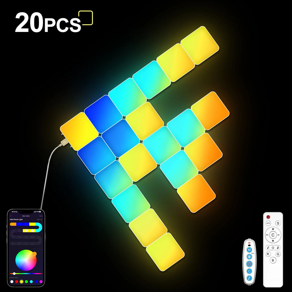 Smart Grid LED Wall Light Kit - RGB Color Changing with App & Music Control, DIY Creative Backlit Panels for Gaming Room & Bedro