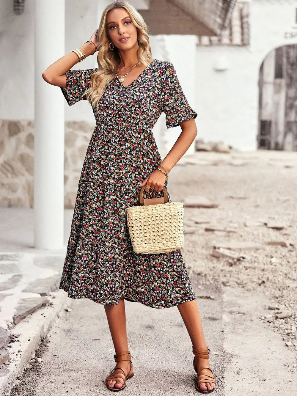 Msfilia Fashion V Neck Elegant Printed Dress Women Summer Short Sleeve High Waist A Line Floral Holiday Dresses