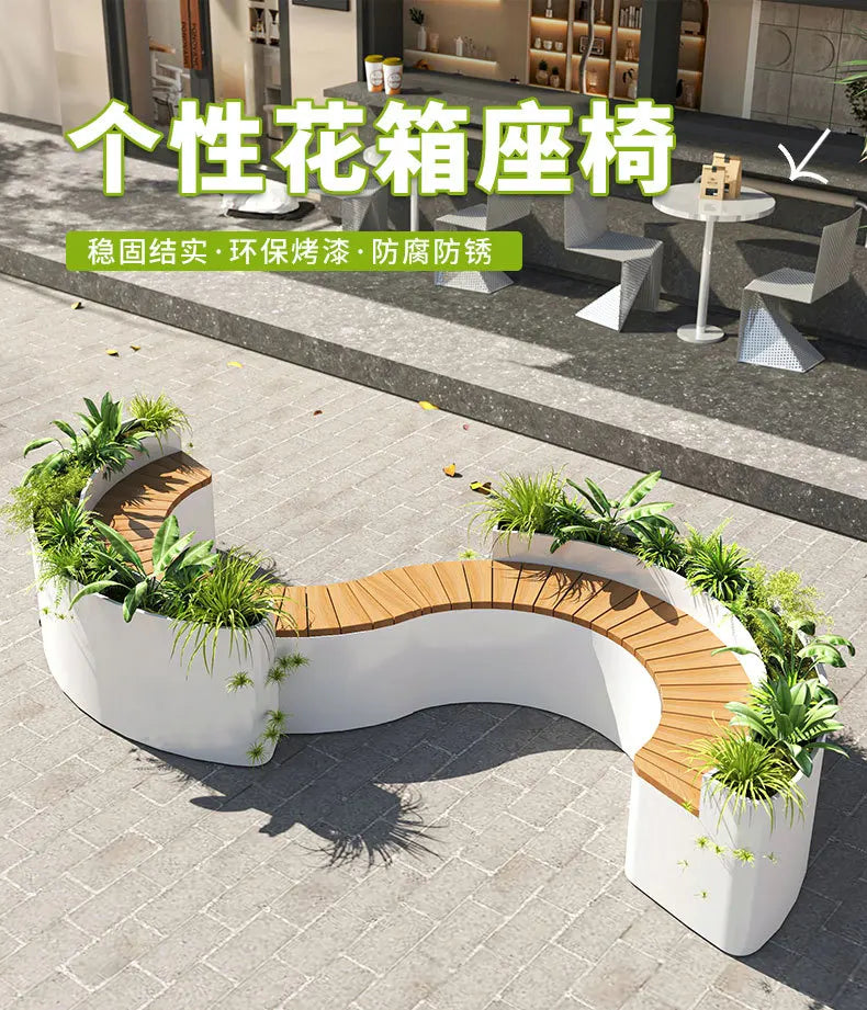 For Outdoor Curved Wood Flower Box Seat Square Park Mall Public Area Anti-corrosion Moisture-proof Leisure Bench
