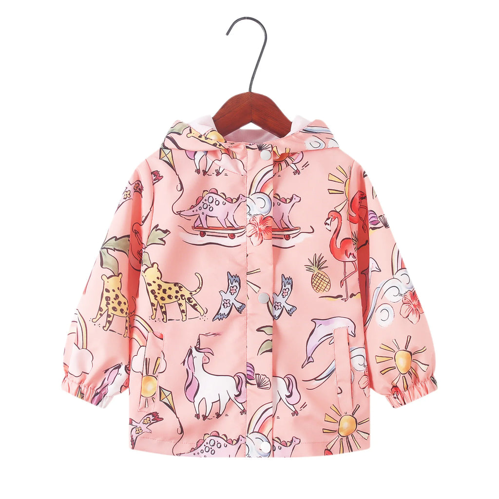 Spring Autumn Girls Cute Cartoon Unicorn Print Windbreaker Outerwear Kids Hooded Zipper Waterproof Jacket Children's Casual Coat