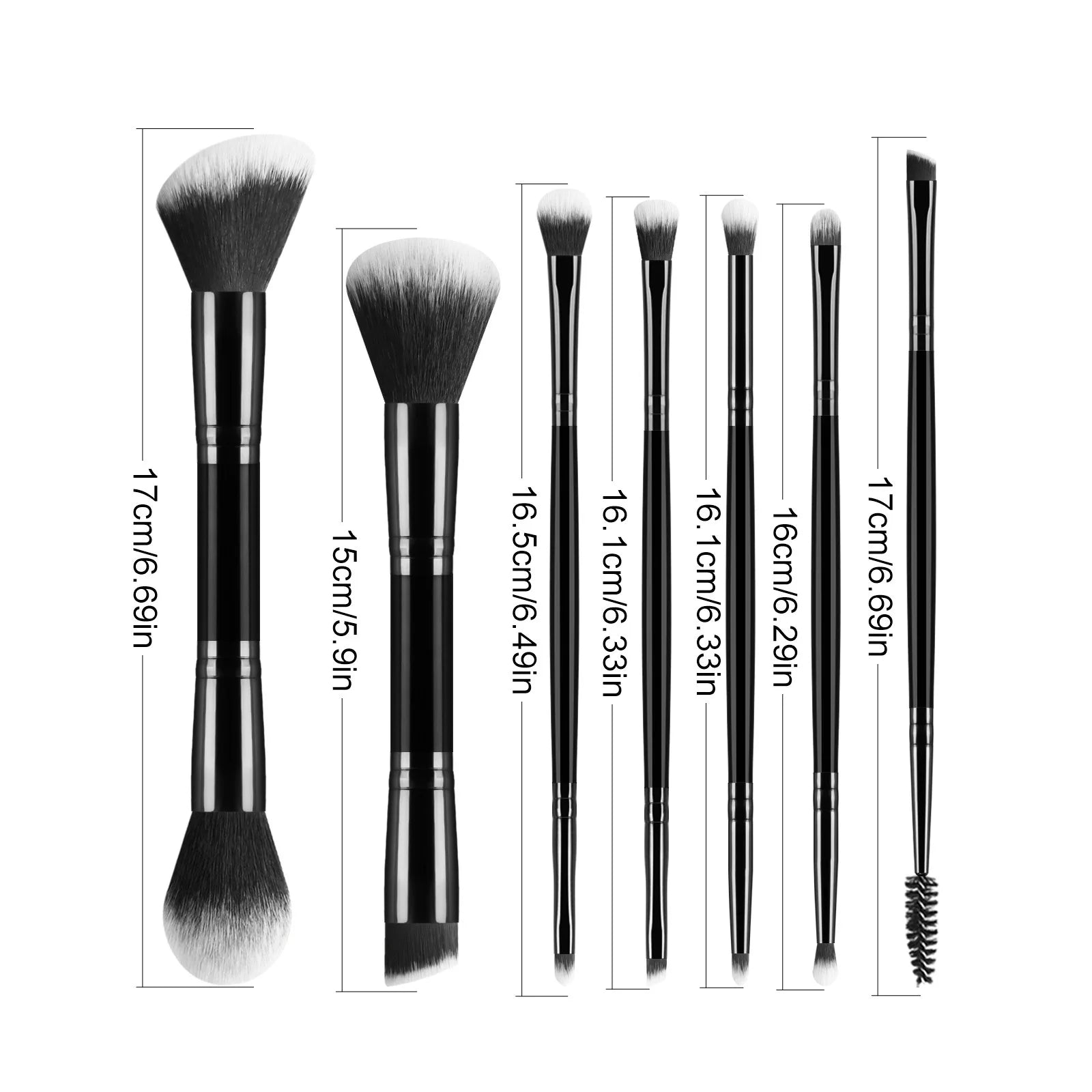 7 double-ended makeup brushes, loose powder brush, foundation brush, eyeshadow brush, eyebrow brush, soft hair beauty tool.