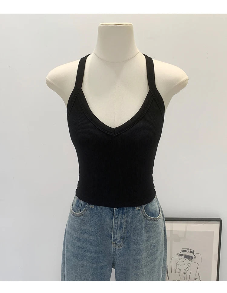 American Style Sexy V-neck Neck Hanging Vest Women's Slim Fit Summer New Unique Beautiful Small Strap Nylon Fabric Breathable
