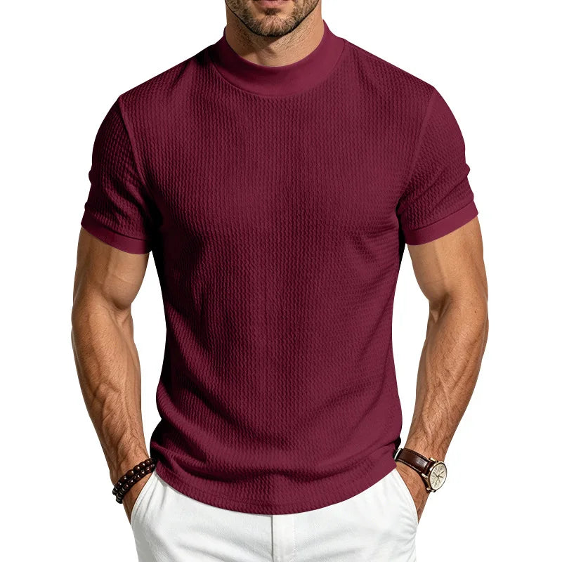 Men Summer Solid Jacquard Textured Mock Neck Short Sleeve T Shirt Slim Fit Simple Versatile Casual Daily Male Basic Tees
