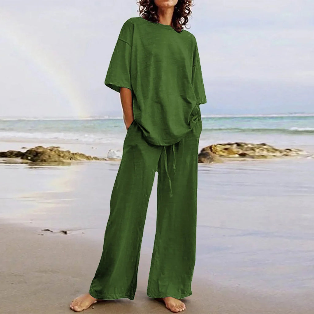 Fashion Women's 2-piece Set 2024 Summer Casual Pocket Set Half Sleeve O-Neck Top and Wide Leg Large Outline Pants Set