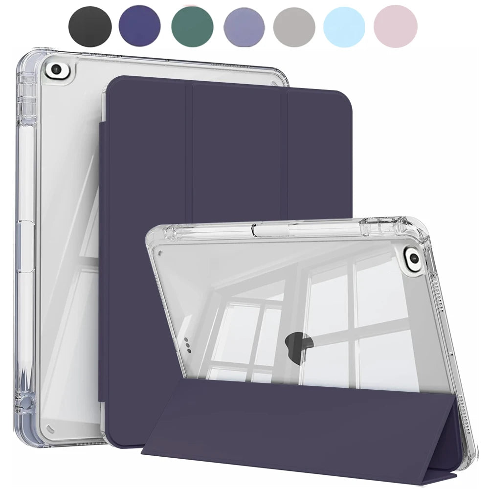 Case for iPad 5th 6th Gen Air 1 2 Case with Pencil Holder, Hard Clear Transparent Back and Soft TPU Shockproof Frame Cover