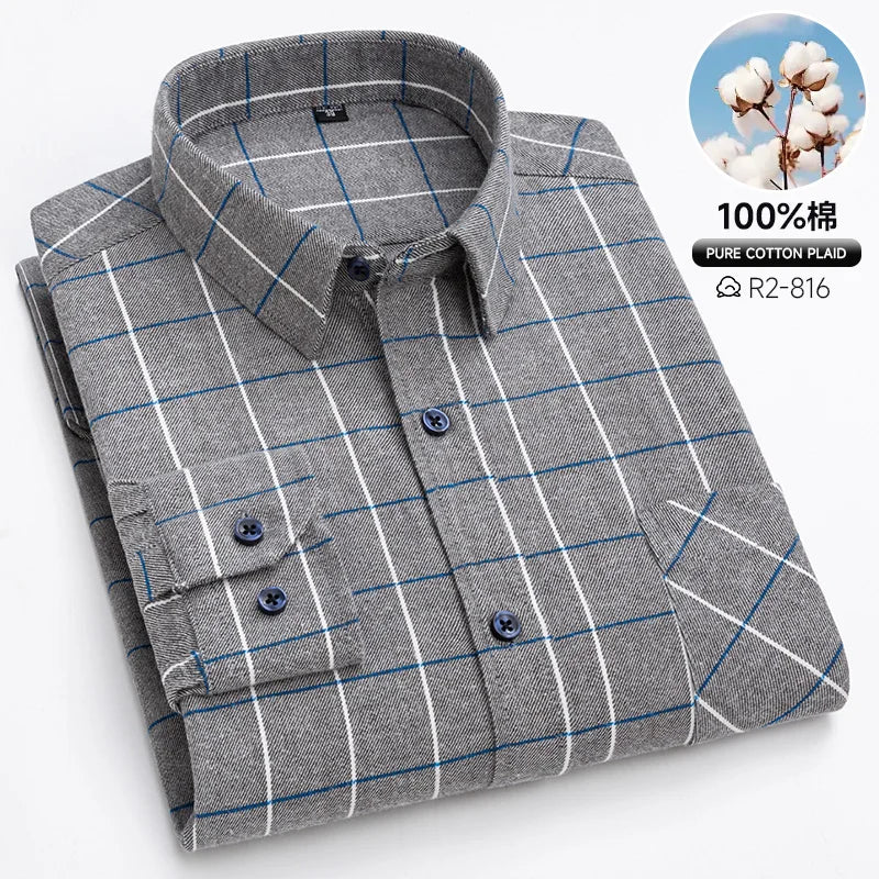 Classic Retro Plaid Flannel Shirt Long Sleeve 100% Cotton Fashion Casual Soft Spring Autumn Winter Standard Pocket Men's Shirt