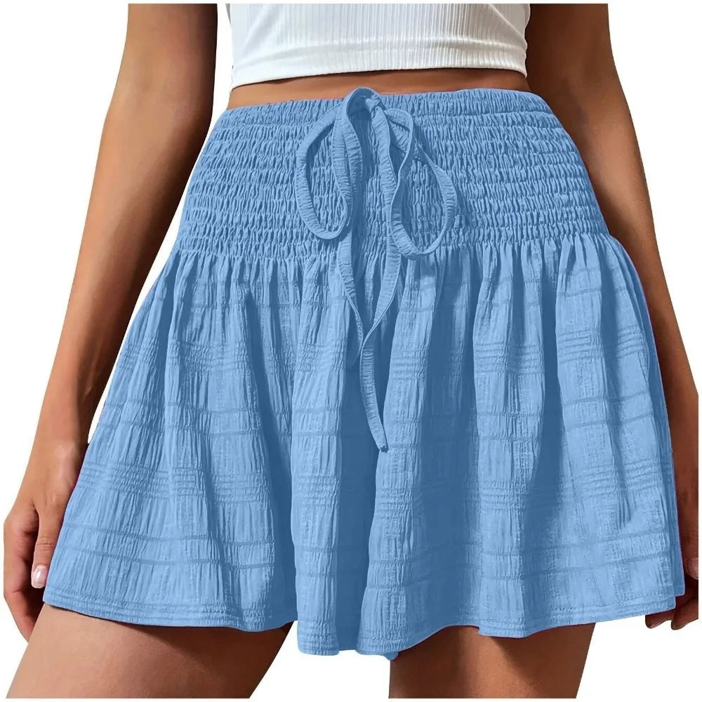 Casual Drawstring Women's Short Loose High Waisted Sports Shorts Skirt Pleated Lace Up Pajama Pants Summer