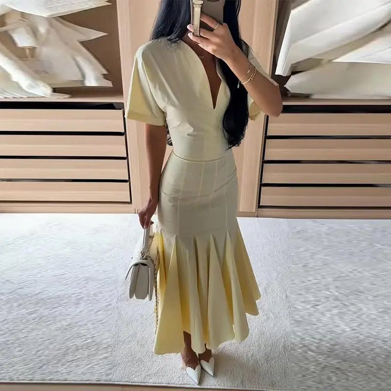 Elegant Solid Women's Dress V-Neck Short Sleeve Pleated Waist-Closed Hip Package Maxi Dresses 2026 Summer Female Vacation Robe