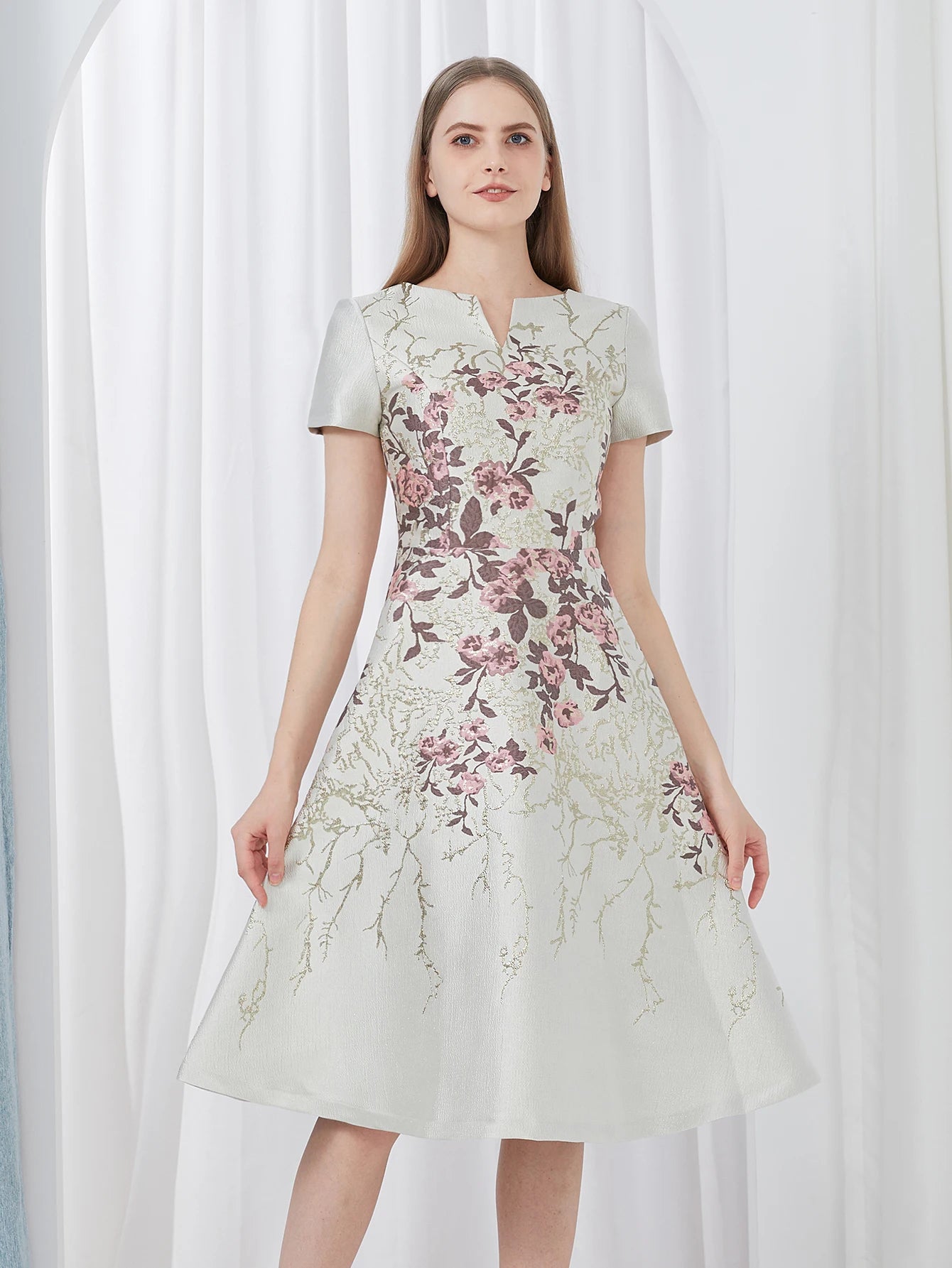 DEVCHATA Elegant Flower Jacquard Dress New Luxury Summer Boho Floral Fashion Party Clothing Mid-Calf Ball Gown Casual Vestidos