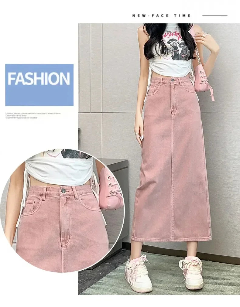 New Summer Women's 100% Cotton Denim Shorts Pink High-waisted Slit Retro Elegant Fashionable Casual Denim Long Skirt Female