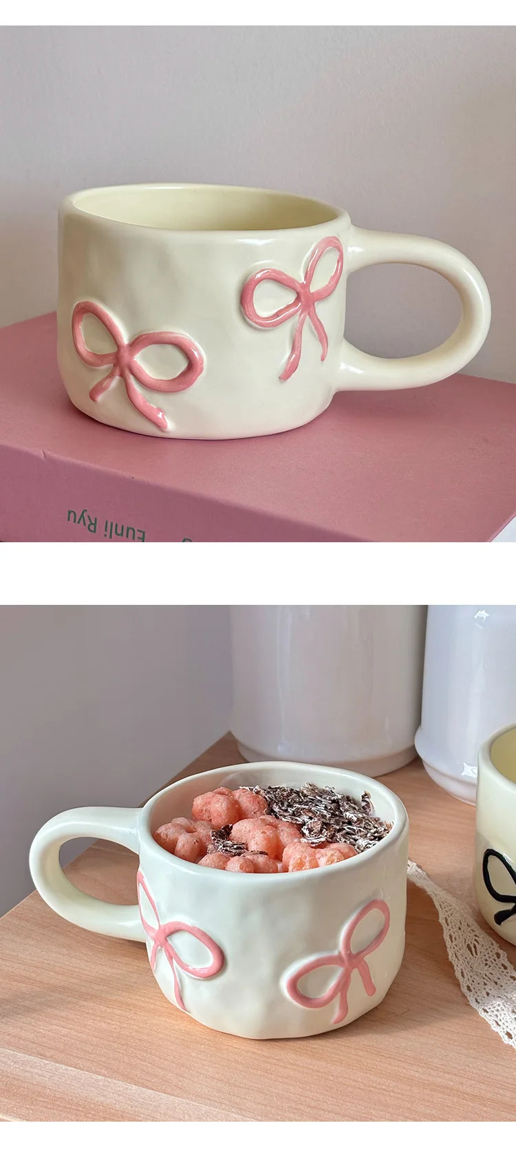 Cream Colored Relief Bow Ceramic Mug, French Simplicity High-value Breakfast Cup, Household Coffee Cup, Birthday Gift