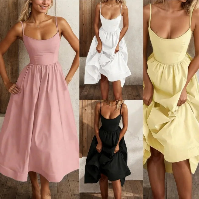 Elegant Solid Color Cami Dress Summer Fashion New Sweet Women Scoop Neck Spaghetti Strap High Waist Pleated A-Line Sundress
