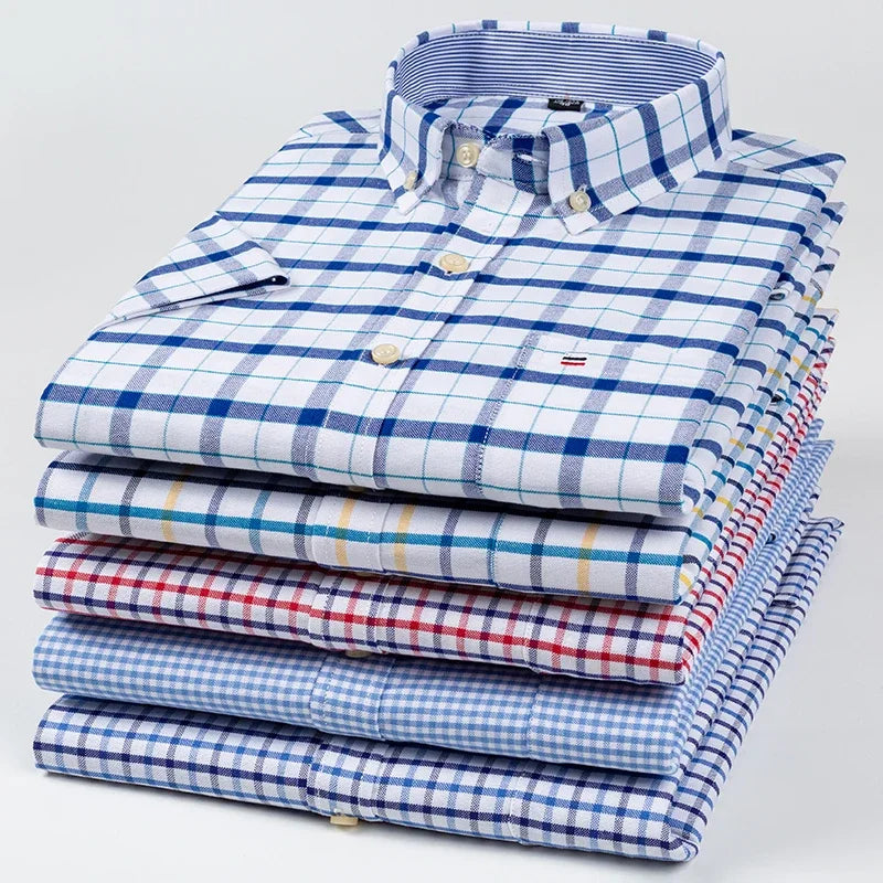 2025 100% Pure Cotton Men's Oxford Short Sleeve Square Collar Soild Plaid Striped Summer Casual Shirts Single Pocket  Shirt