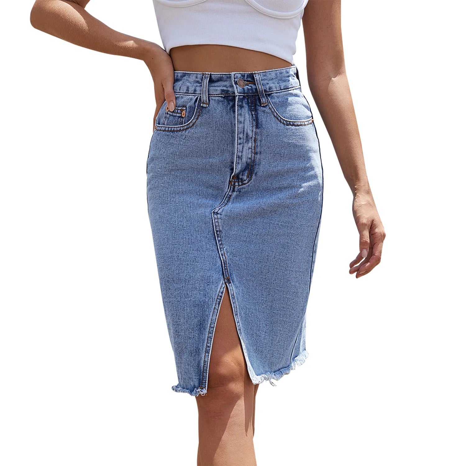Fashion Midi Cotton Denim Skirt Women 2024 Casual Slim High Waist Asymmetrical Blue Jean Skirts Y2k Faldas Elegant
