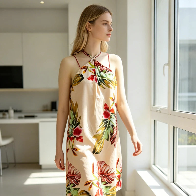 Women's Boho Halter Neck Dress, Tropical Banana Leaf & Peacock Print Backless Swing Dress, Summer Beach Casual Sundress