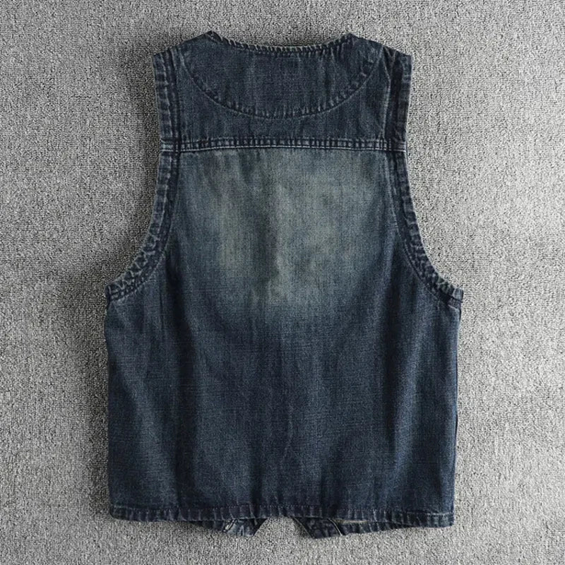 Vintage blue water wash to make old trend men's denim vest autumn and winter casual cotton sleeveless vest coat