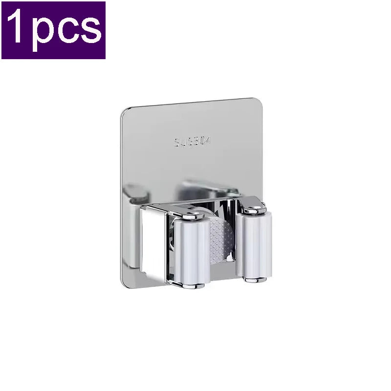 304 Stainless Steel Mop Clip Holder Bathroom Punch-free Mop Broom Brush Hanging Rack Strong Sticky Hook Wall Organizer Shelf