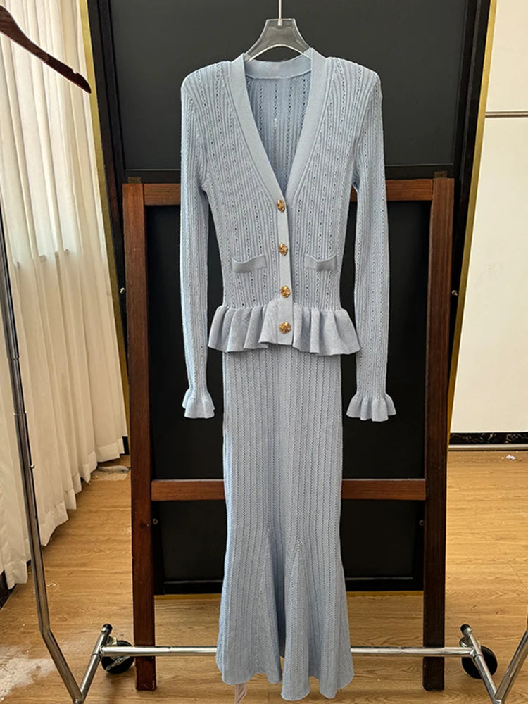 Celebrity temperament blue V-neck knitted women's dress ruffled splicing stretch Slim long fishtail dresses 2024 summer new