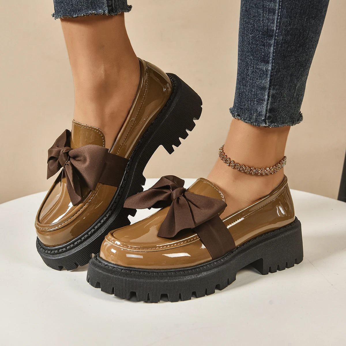 Women's British Style Loafers bowknot Chunky Heel Leather Flats Autumn Slip-On Shoes Versatile Work Shoes Platform Oxford 636