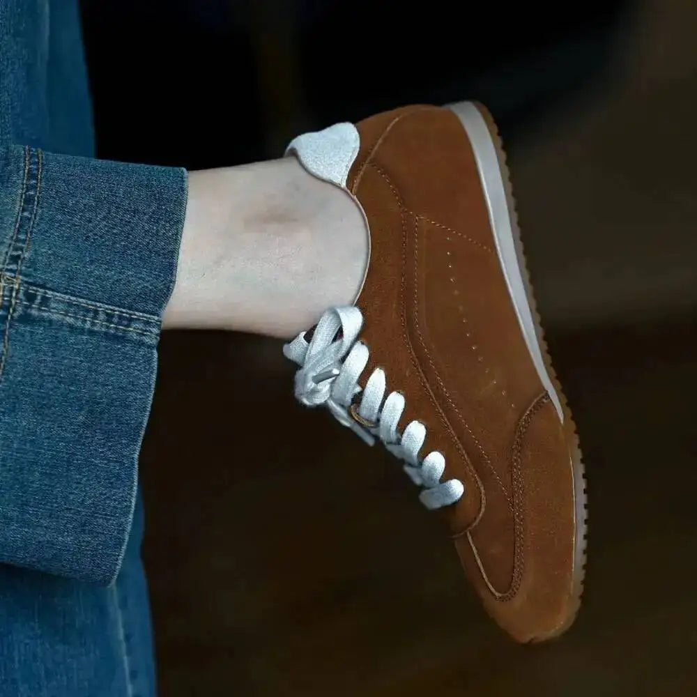 Genuine Leather Brown Suede Flat Loafers Shoes Woman Lace Up Leisure Wome Shoes Autumn Casual Comfort Vacation Lovers Shoes