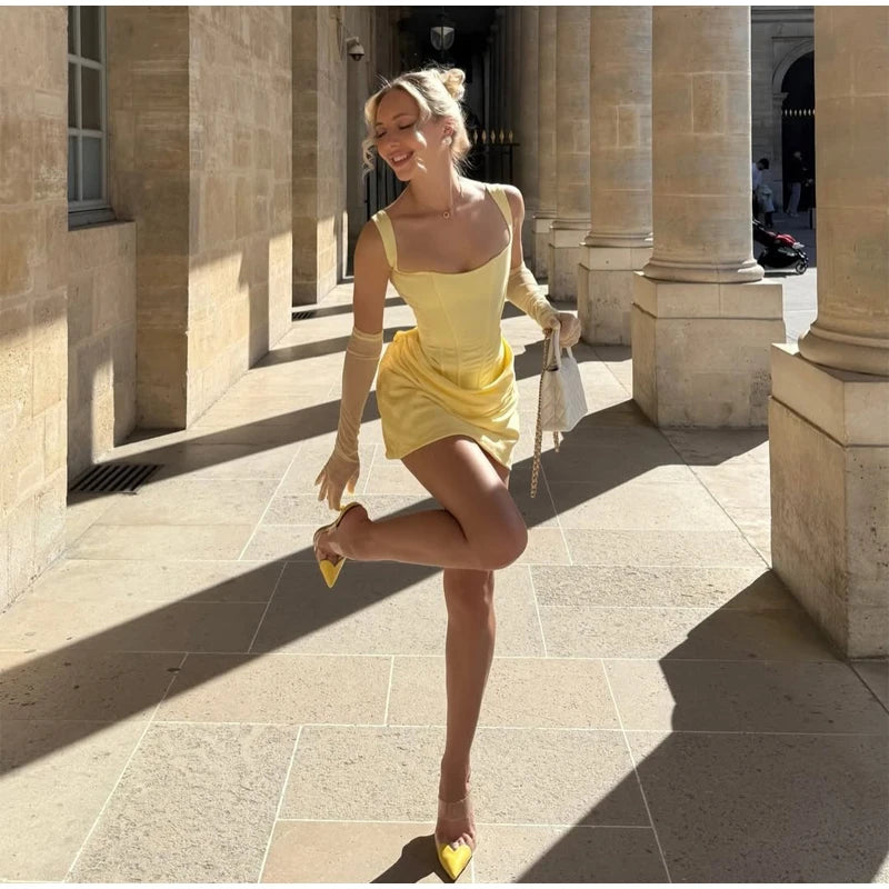 Women Sexy Square-neck Halter Mini Dress 2025 Pleated Sleeveless Backless High Waist Bodycon Dresses New Summer Lady Party Gowns
