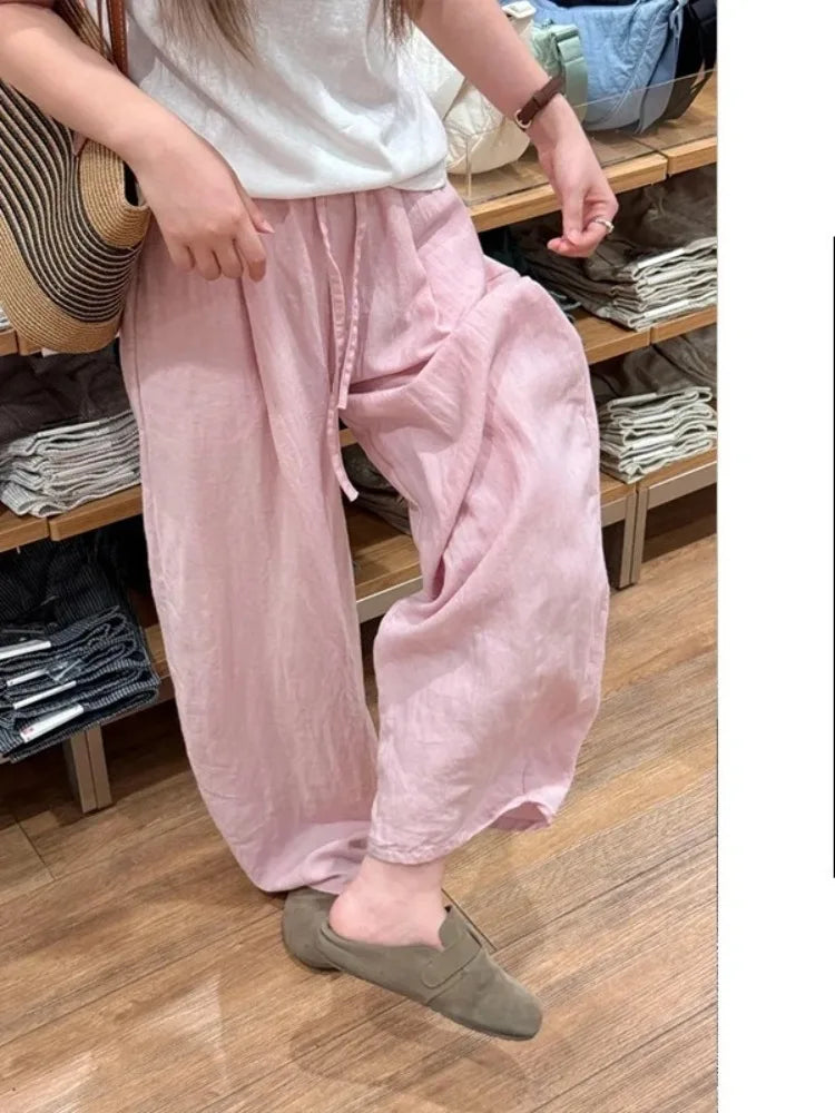 Loose Casual Cotton Linen Trousers Women Full Length Drawstring Women's Wide-leg Pants Summer Thin Linen Navy Blue Baggy Pants