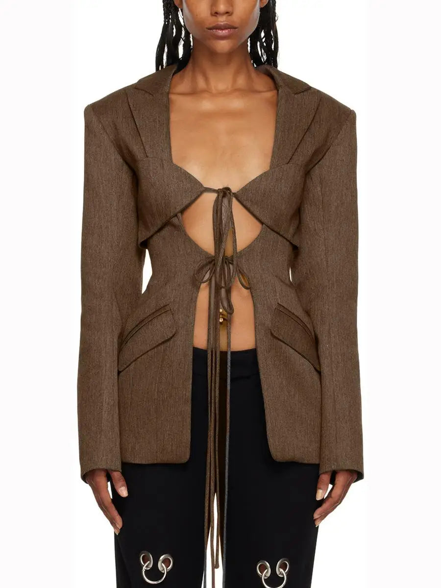 gestring Women Blazer 2025 Spring Fashion Hollow Out Lace Up Sexy Long Sleeve Ladies Black Blazer Coat Women's Slim Suit Jacket