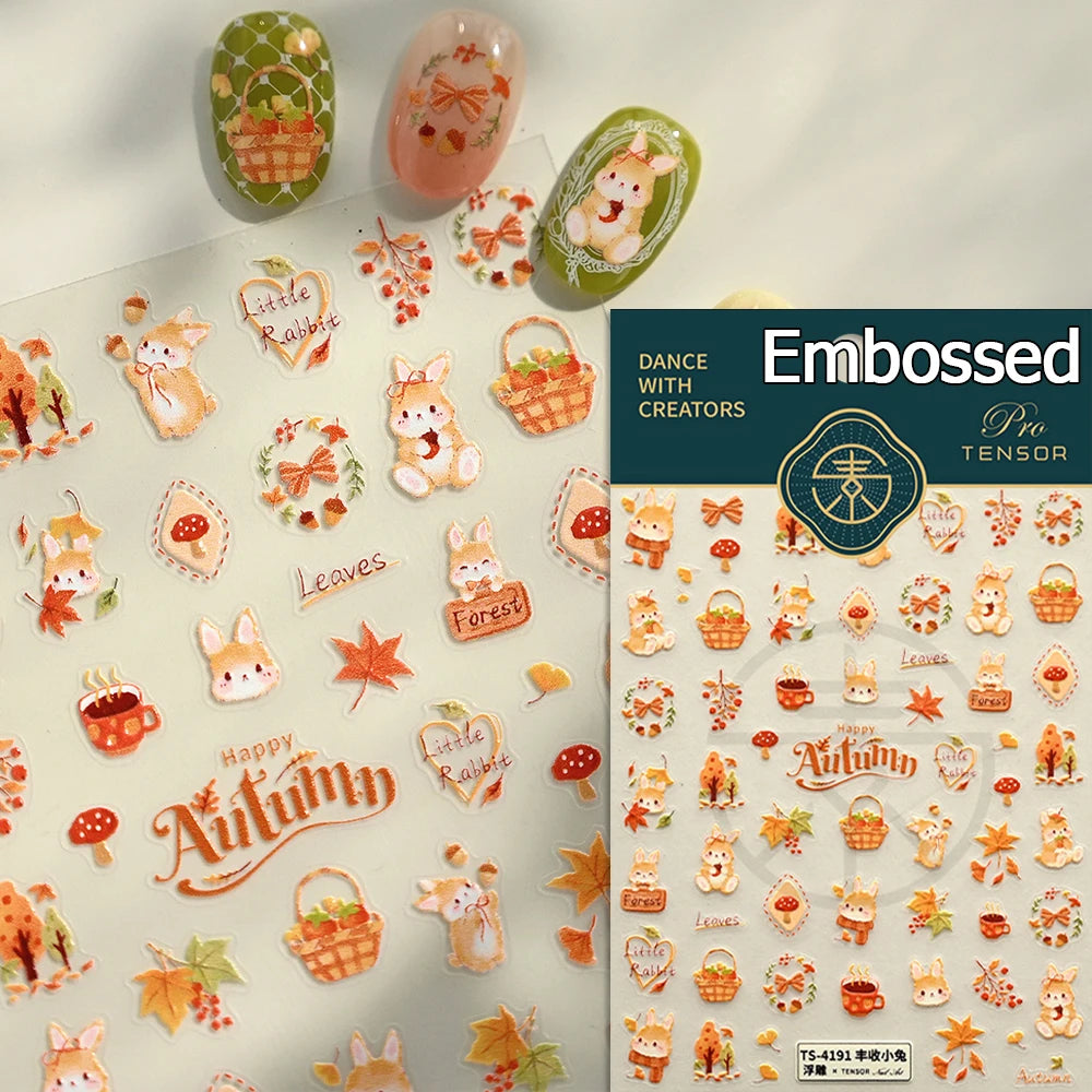 Autumn Maple Leaf Red Fox Lovely 5D Embossed Self Adhesive Nail Art Stickers Rabbit Mushroom Animals Fall Cute Manicure Decals