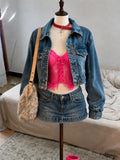 Retro Korean Style Women 2 Piece Denim Suits Y2K Denim Jacket + Mini Skirt Casual Street Outfits Fashion Jean Two‑Piece Sets