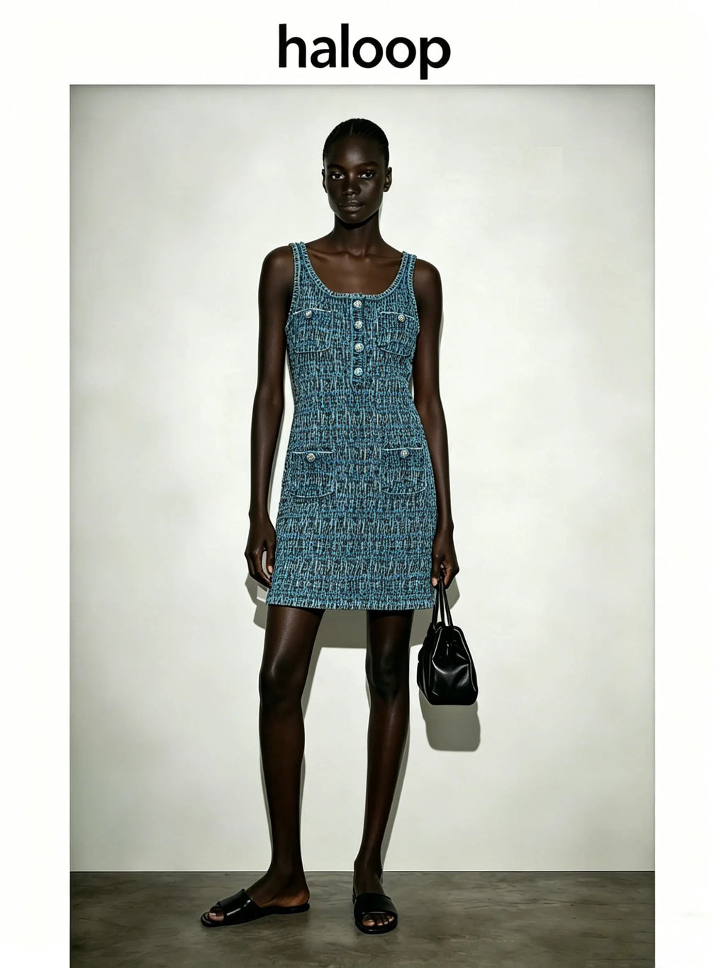 Textured Weave Sleeveless Tank Dress for Women Square Neck Decor Buttons Pocket Design Slim Bodycon Casual Summer Short Dress