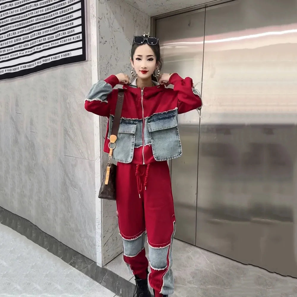 Autumn Denim Women's Pant Set Splice Fashion Loose Oversized Hooded Jacket + Pencil Jeans Two Piece Sets 6XL Trousers Suits 2024