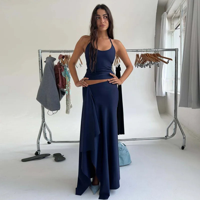 Hugcitar Fashion 2 Pcs Sets Halter Solid Backless Lace Up Sexy Crop Tank Top Ruched Maxi Skirt Women Outfit Beach Vacation Sport