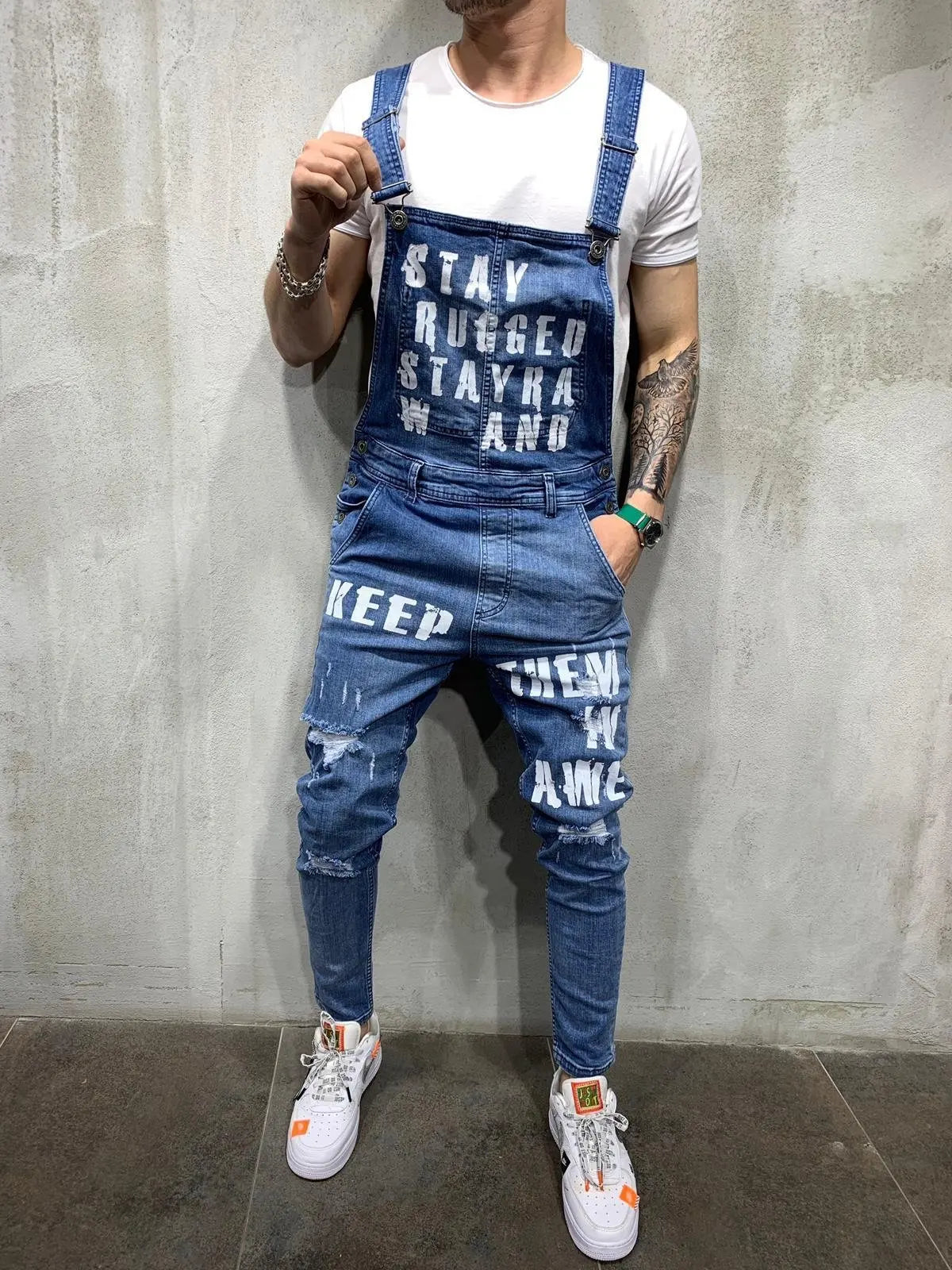 Men Suspenders Denim Jumpsuit Letters Denim Trousers Fashion Overalls Men's Ripped Denim Printed Jeans Men Streetwear