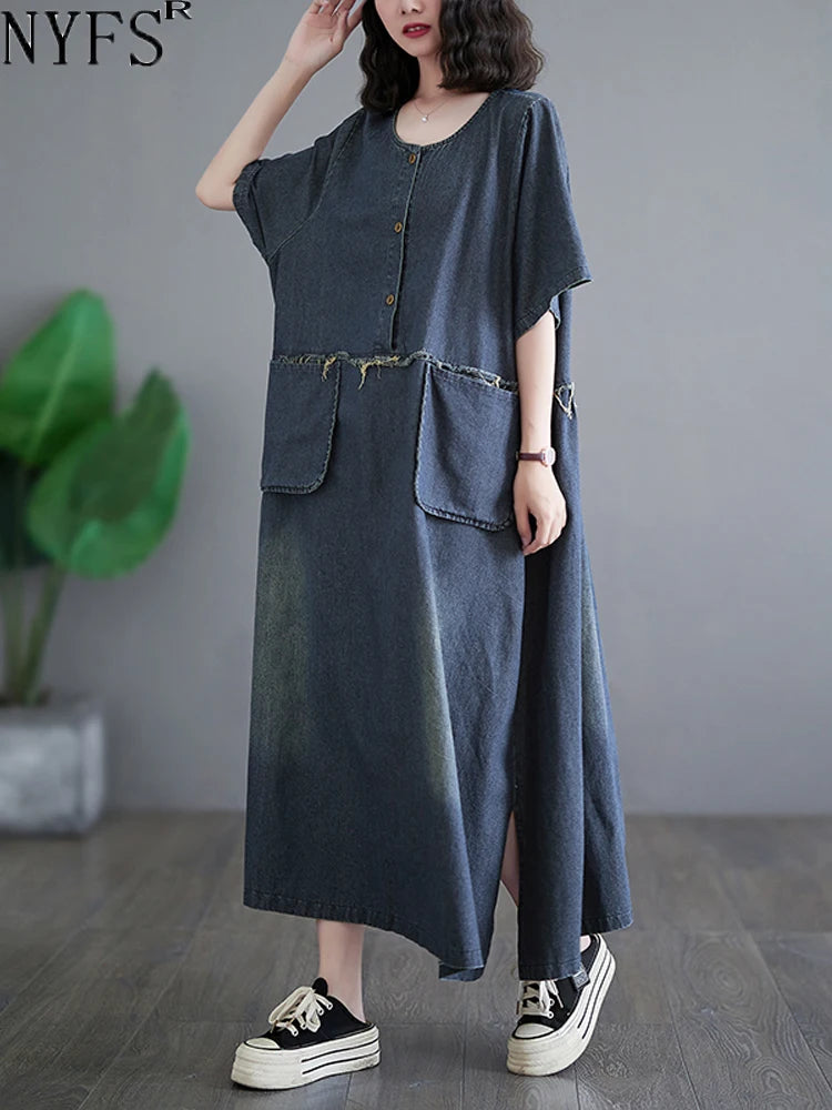NYFS 2025 Summer New Woman Denim Dress Vestidos Robe Elbise Loose Plus Size Long Sleeve Pocket Slit Jeans Long Dress