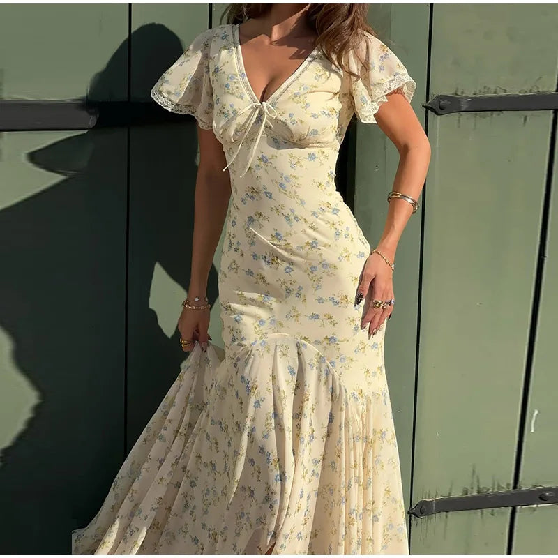 Elegant Sexy Print Fish Dress Women V Neck Short Sleeves High Waist Ruffles Split Vestidos Female 2026 Summer New Chic Dresses