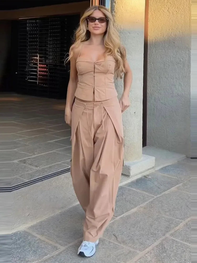 Women 2 Piece Pant Sets Women Khaki Spaghetti Strap Corset Cami Top Pocket Wide Leg Cargo Pants 2026 Matching Vacation Outfits