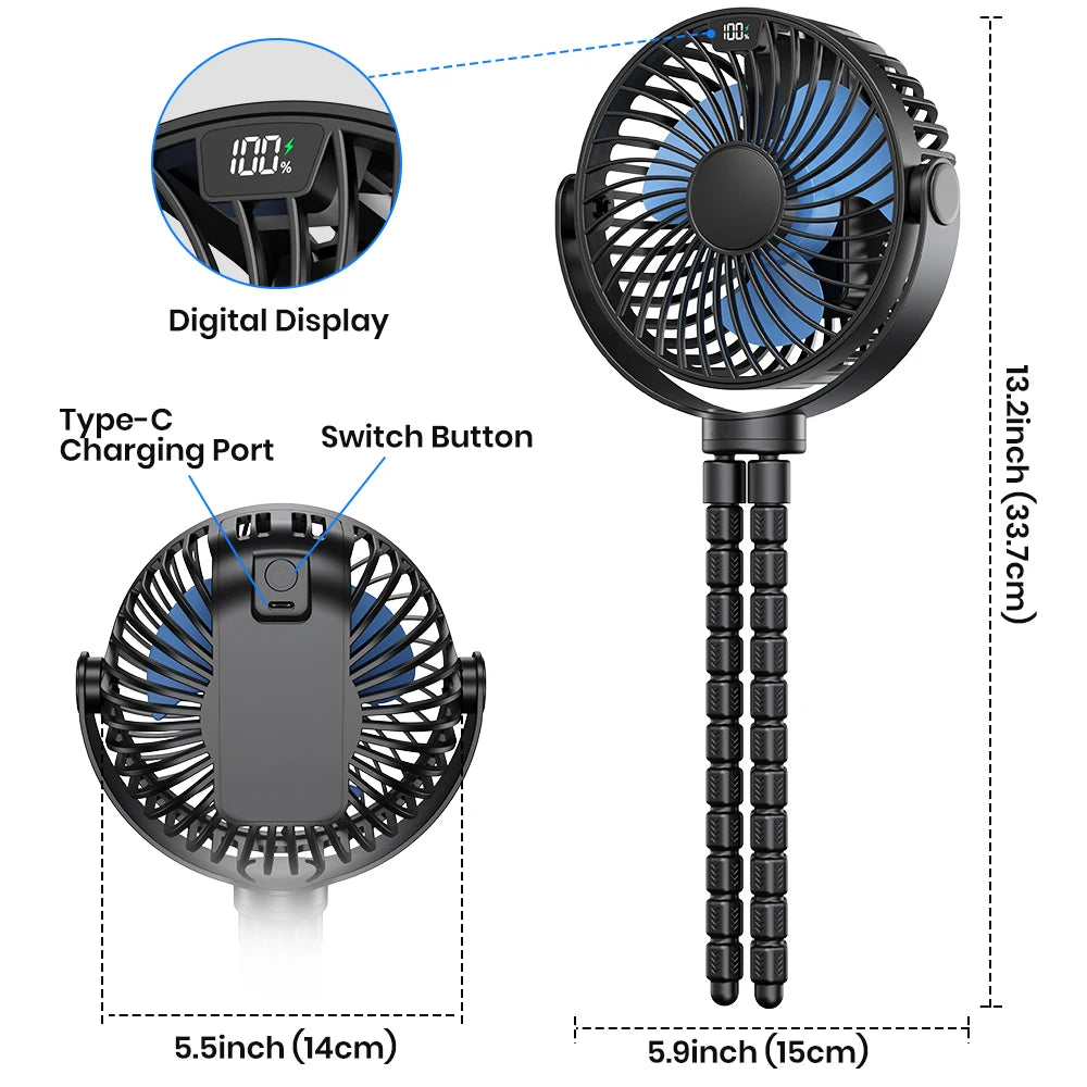 5000mah Stroller Portable Mini Fan USB Rechargeable Outdoor Electric Fan 4 Gear Speed 360°Degree Rotata & Digital Display