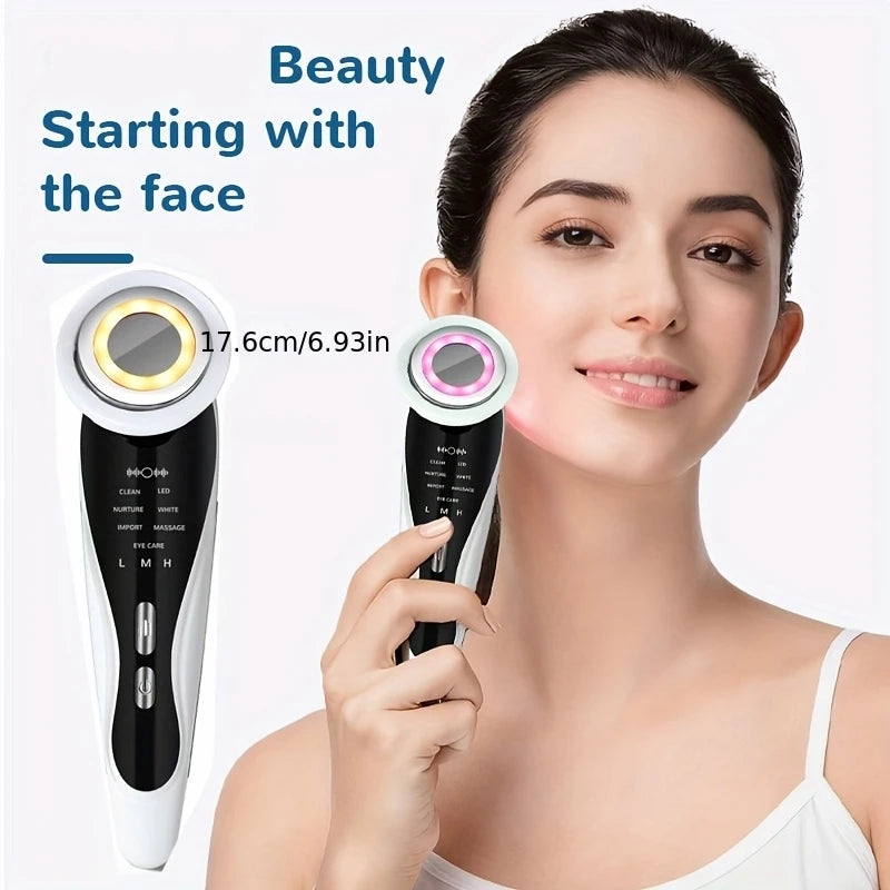 This handheld facial cleansing and beauty device, a USB rechargeable face and neck massager, is compact and portable, suitable f