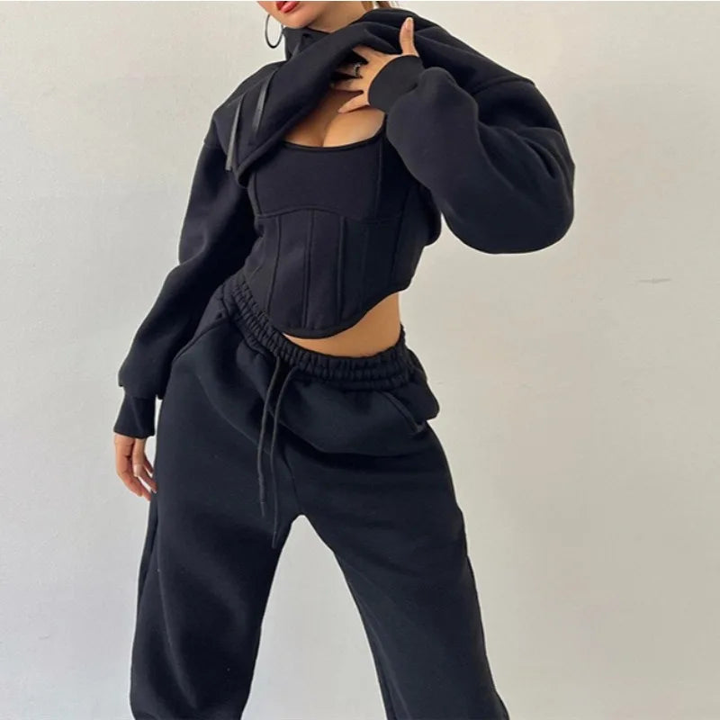 2026 autumn and winter new women's clothing hooded sweater blouse suspender small vest waist trousers three-piece women's