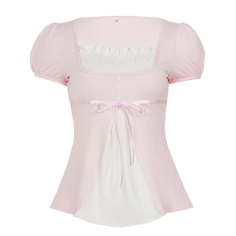 [RUOKE] Casual Y2K Contrast Color Top Women Spring Summer Square Neck Puff Sleeve Bow Slim A-line Babydoll Blouse Sweet Coquette