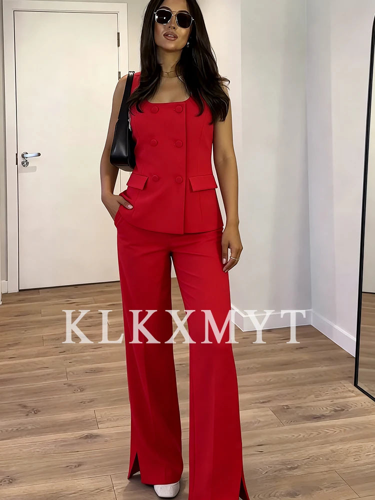 Women 2 Pieces Sets New Fashion Office Vest Top+Split Straight Leg Pants Women's Suit Formal Two Piece Set Women Outfit