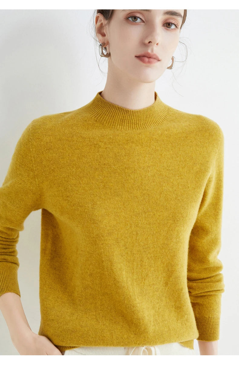 First-Line Seamless Women's Half-Turtleneck 100% Pure Wool Sweater Solid Color Long Sleeve Pullover Knitted Bottoming Sweater