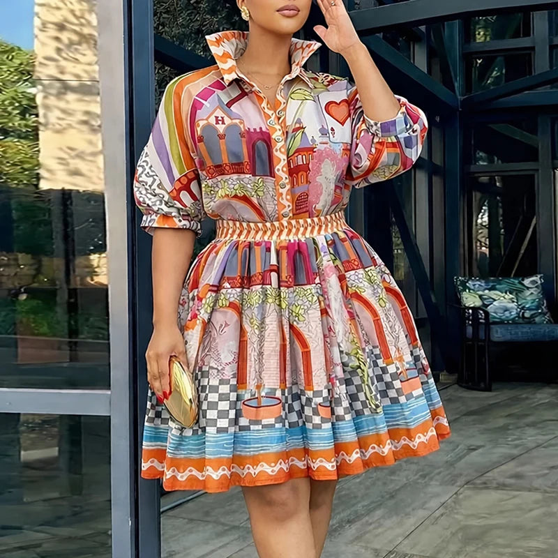 Fashion Pattern Printed Loose Fit Summer Suit Women's Lapel Puff Sleeve Top & Skirt Party Outfit Casual Commuter Two Piece Sets