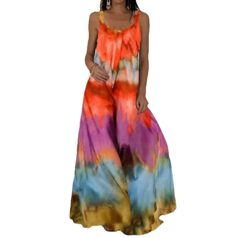 Women's Fashionable Flame Printed Sleeveless Dress  Summer Casual Printed Long Dress