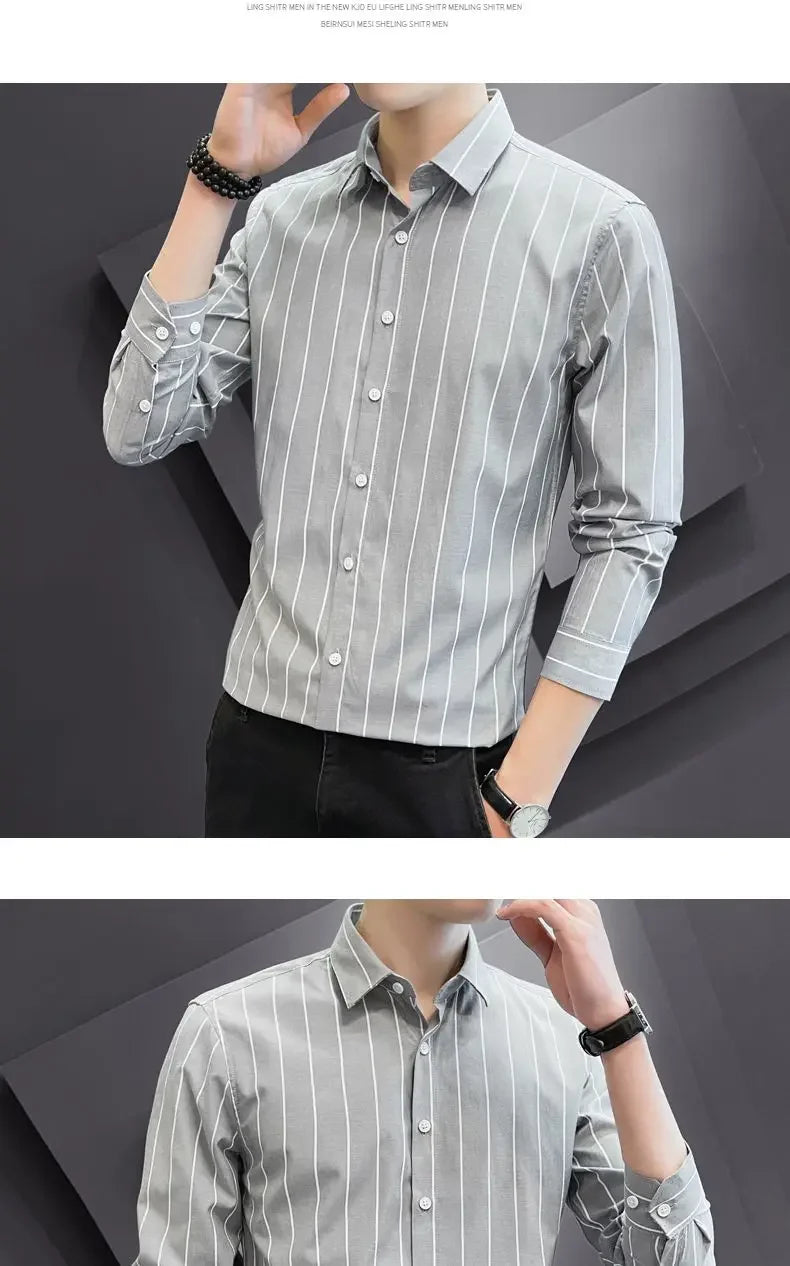 Stylish Men's Striped Shirt Printed Casual Business Dress Shirts Long Sleeve All-Match Slim Fit Fashion Korean Streetwear Shirts