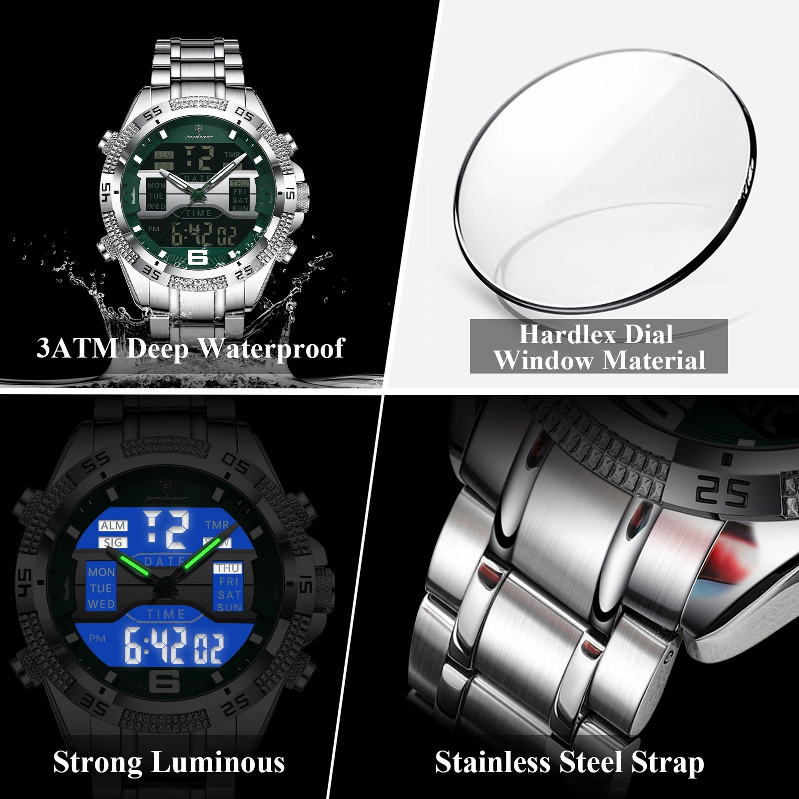 POEDAGAR LED Luxury Men Watch Sports Dual Time Display Digital Luminous Week Date Man Wristwatch Electronic Quartz Men's Watches