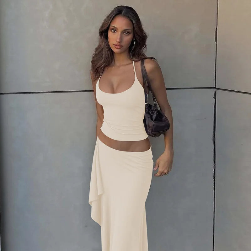 Hugcitar Fashion 2 Pcs Sets Halter Solid Backless Lace Up Sexy Crop Tank Top Ruched Maxi Skirt Women Outfit Beach Vacation Sport