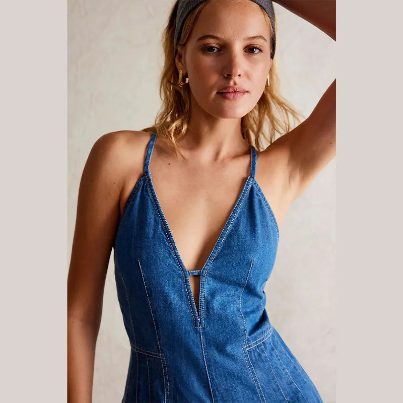Chic Women's Sleeveless Backless Denim Short Jumpsuits Summer Sexy Deep-V Spaghetti Straps  Baggy Jeans Shorts Rompers For Woman