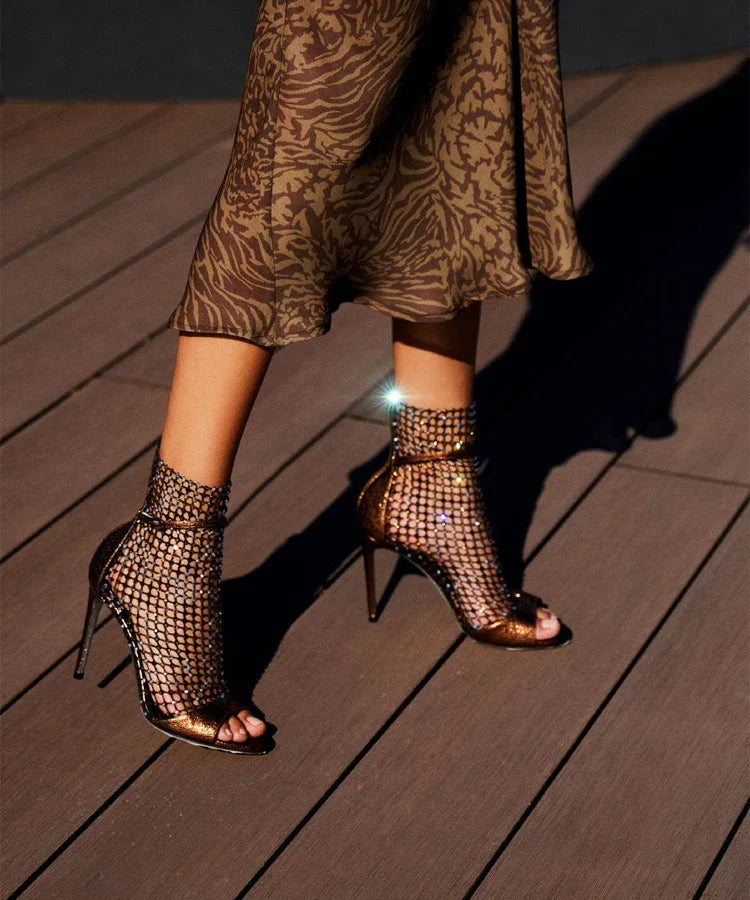 2025 New Star Internet Celebrity Same Style Sexy Water Diamond Fish Mouth Hollow Mesh Cool Boots High Heel Shoes Thin Heels