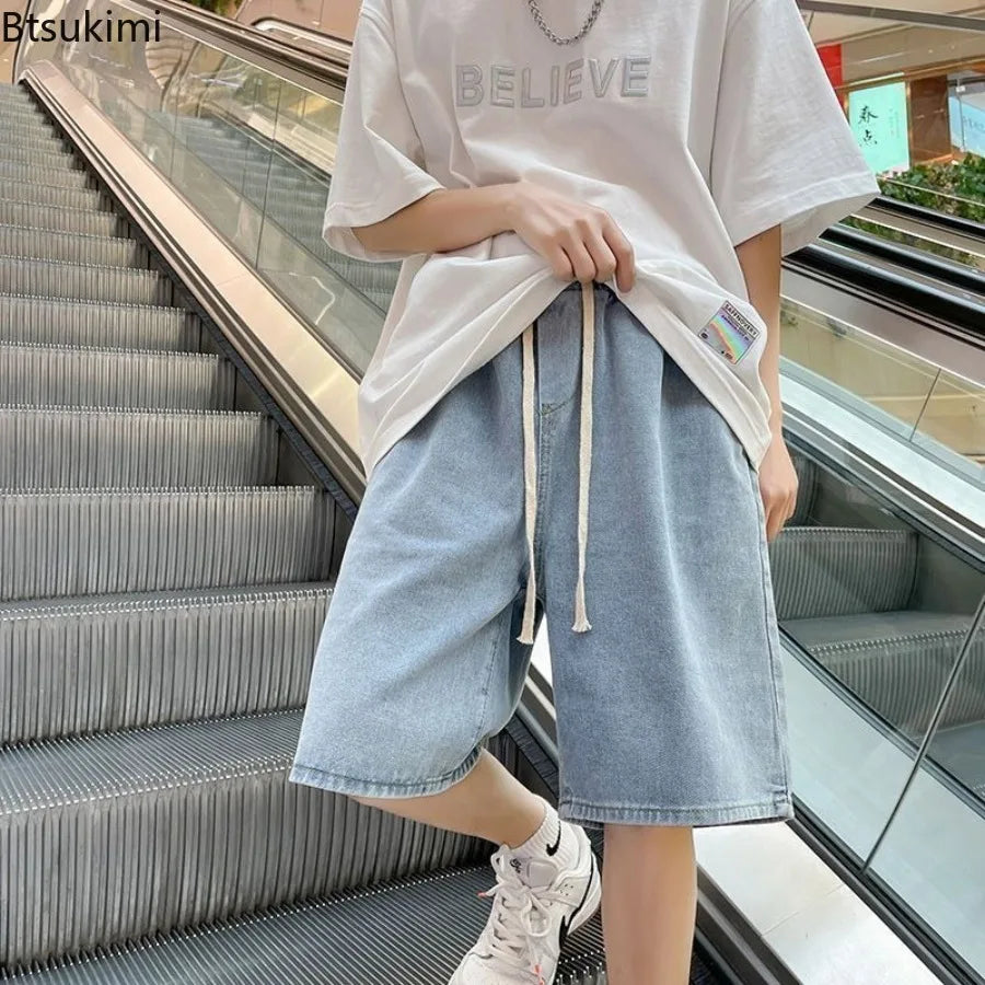 New Men's Fashion Vintage Jeans Summer Loose Casual Male Wide Leg Knee Length Shorts Washed Short Denim Pants Male Streetwear